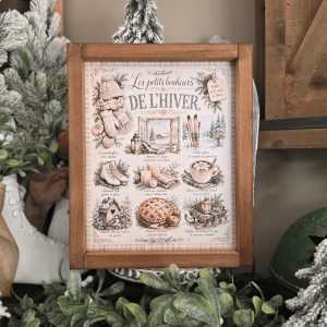 Cadre farmhouse Les Petits Bonheurs de l'Hiver avec neige et chocolat chaud