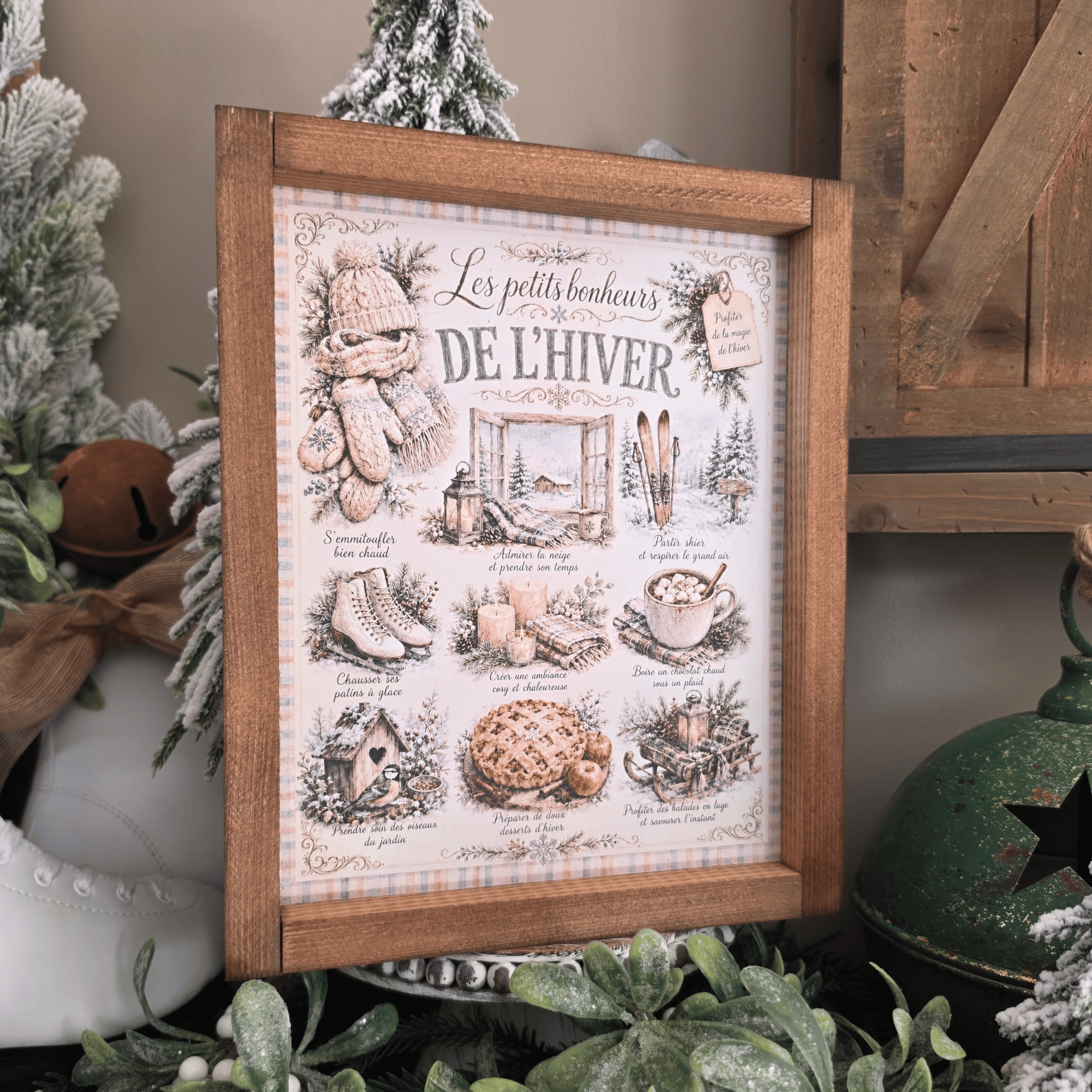 Cadre farmhouse Les Petits Bonheurs de l'Hiver avec neige et chocolat chaud