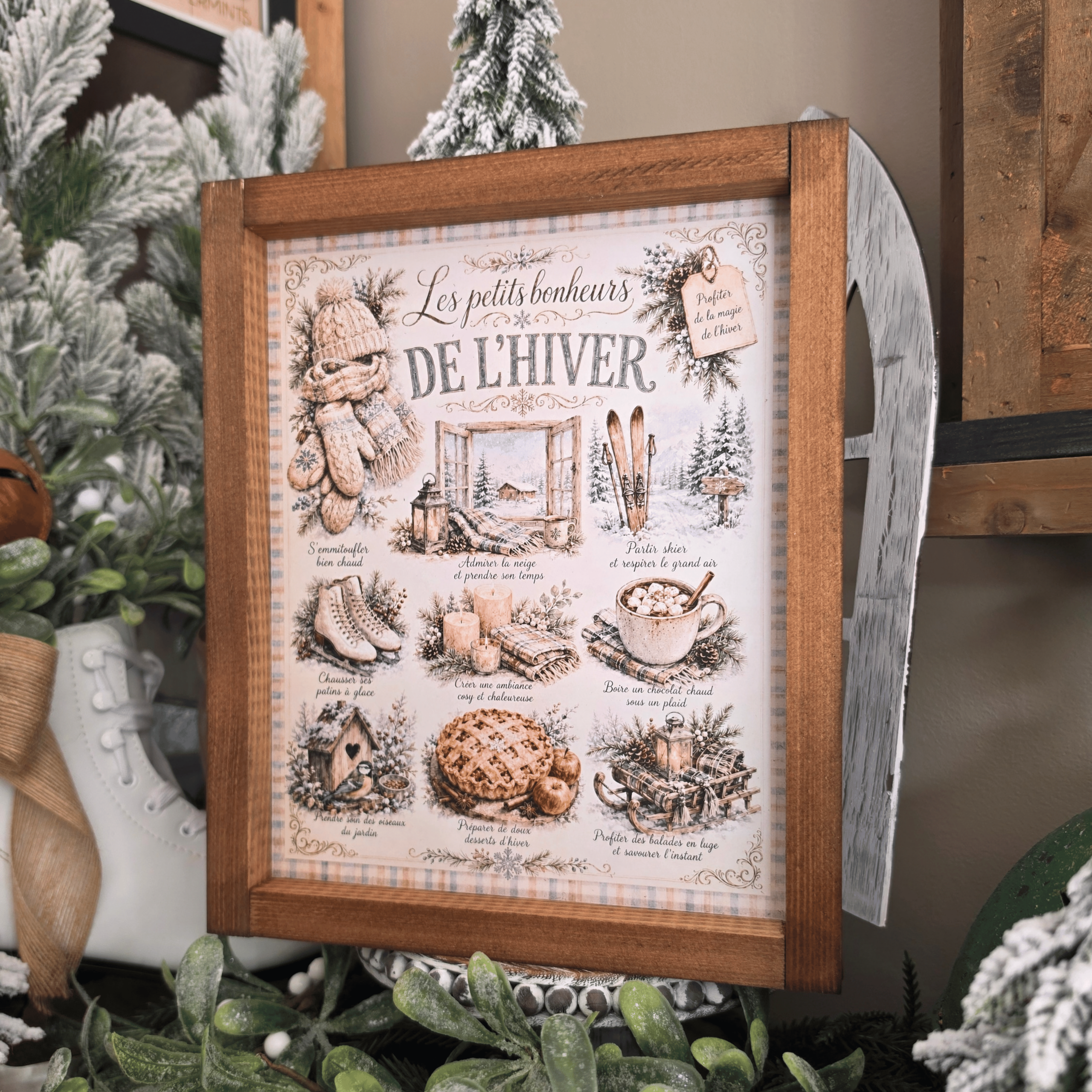 Cadre farmhouse Les Petits Bonheurs de l'Hiver avec neige et chocolat chaud