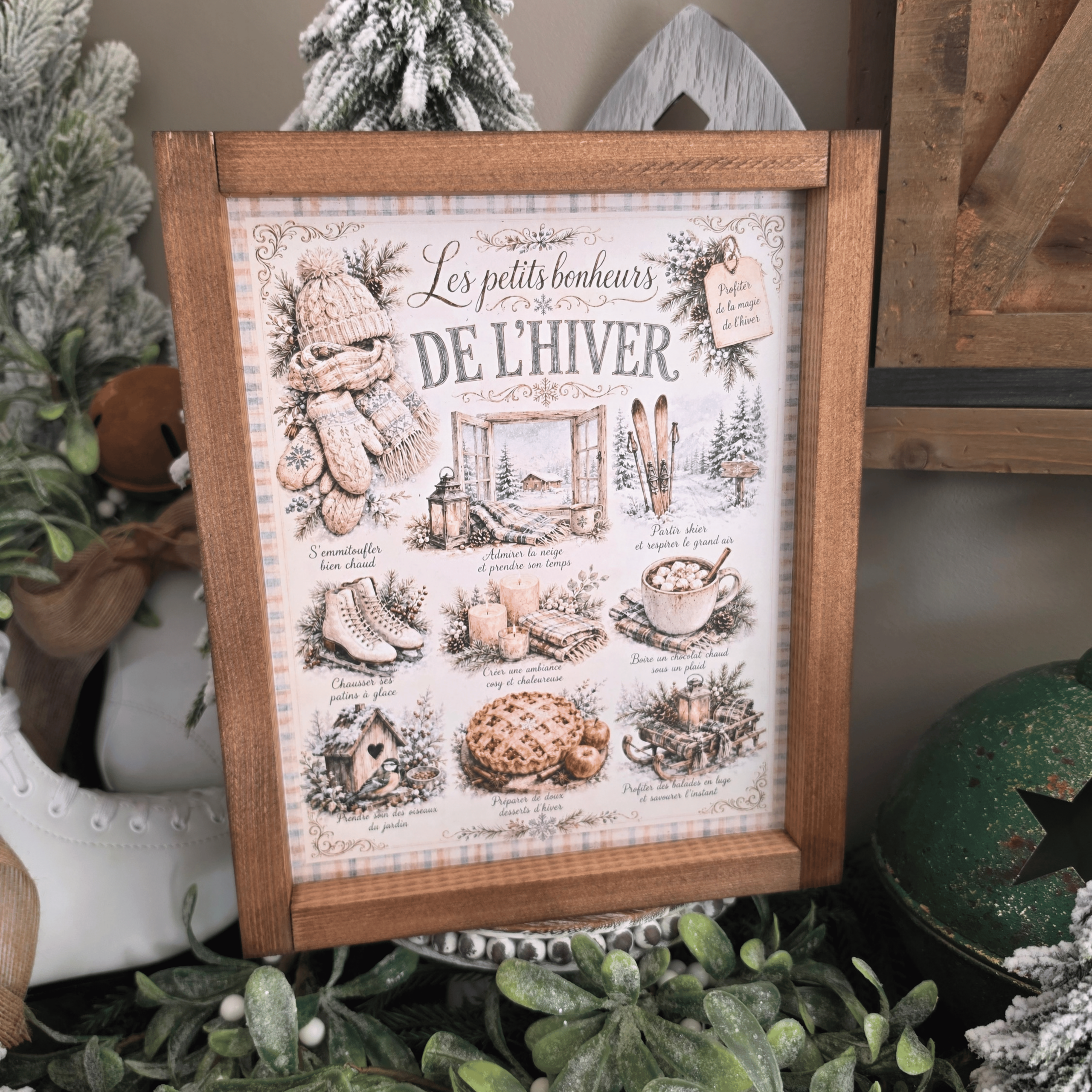 Cadre farmhouse Les Petits Bonheurs de l'Hiver avec neige et chocolat chaud