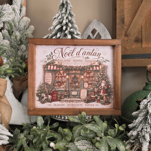 Cadre farmhouse Noël d'antan avec boutique ancienne et Père Noël