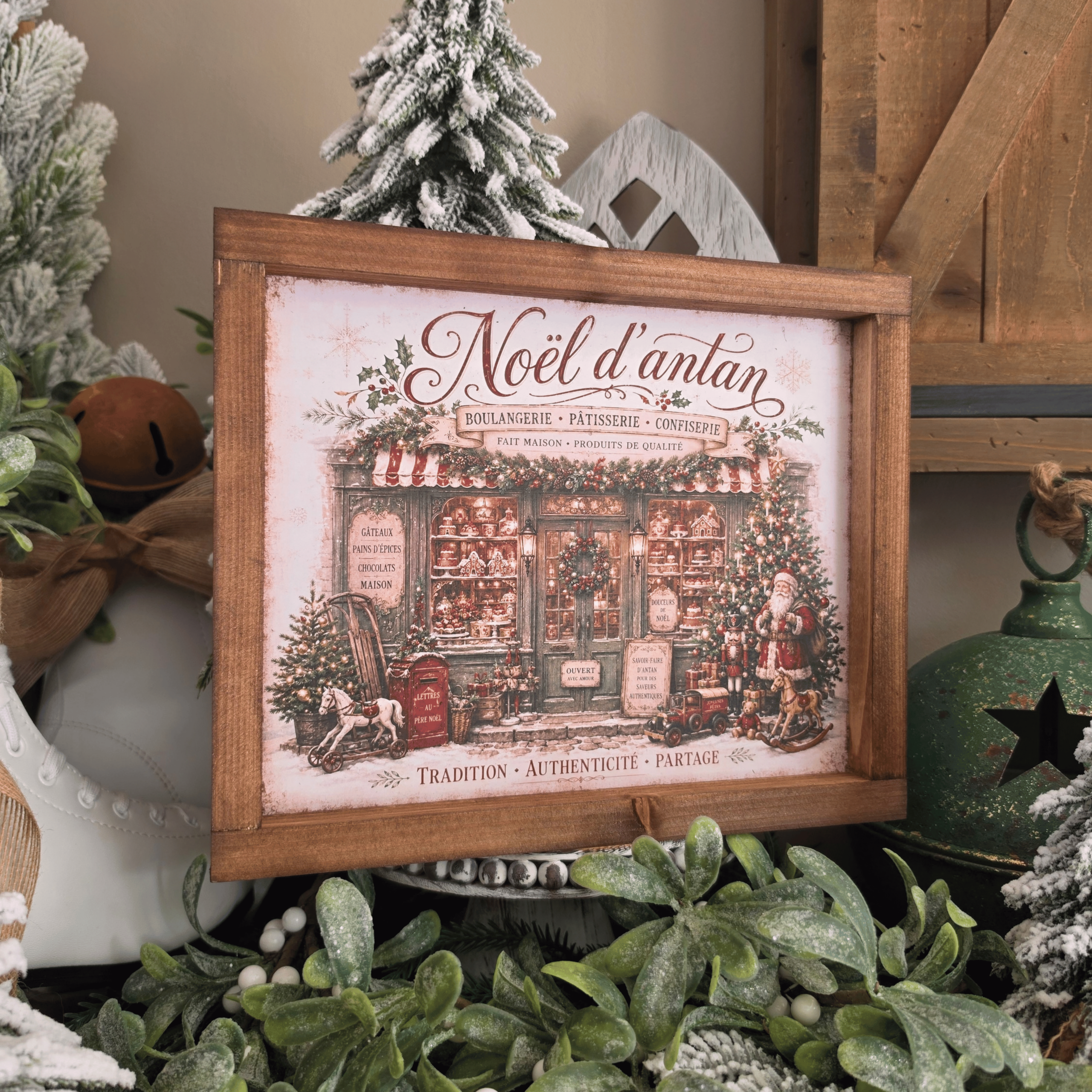 Cadre farmhouse Noël d'antan avec boutique ancienne et Père Noël