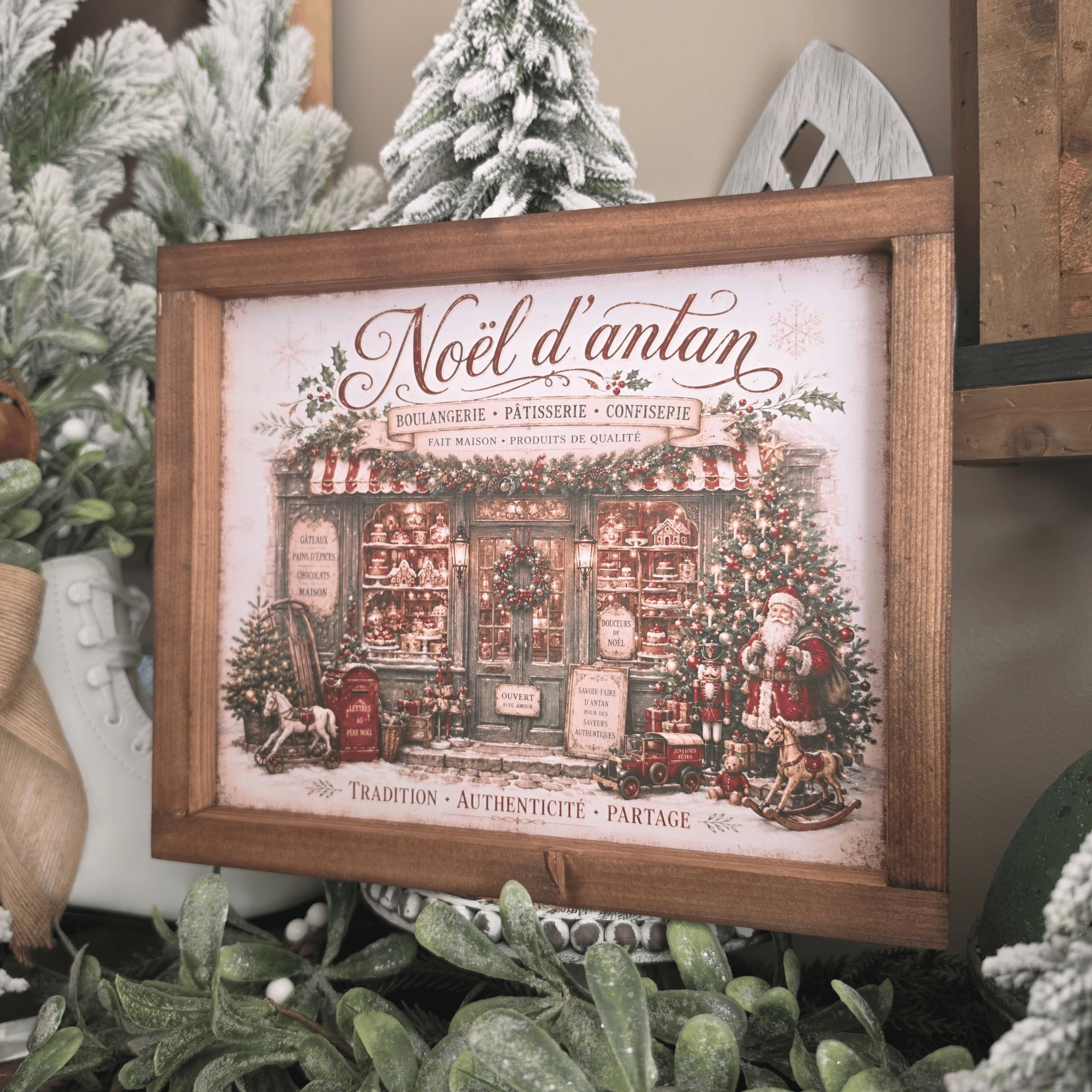 Cadre farmhouse Noël d'antan avec boutique ancienne et Père Noël