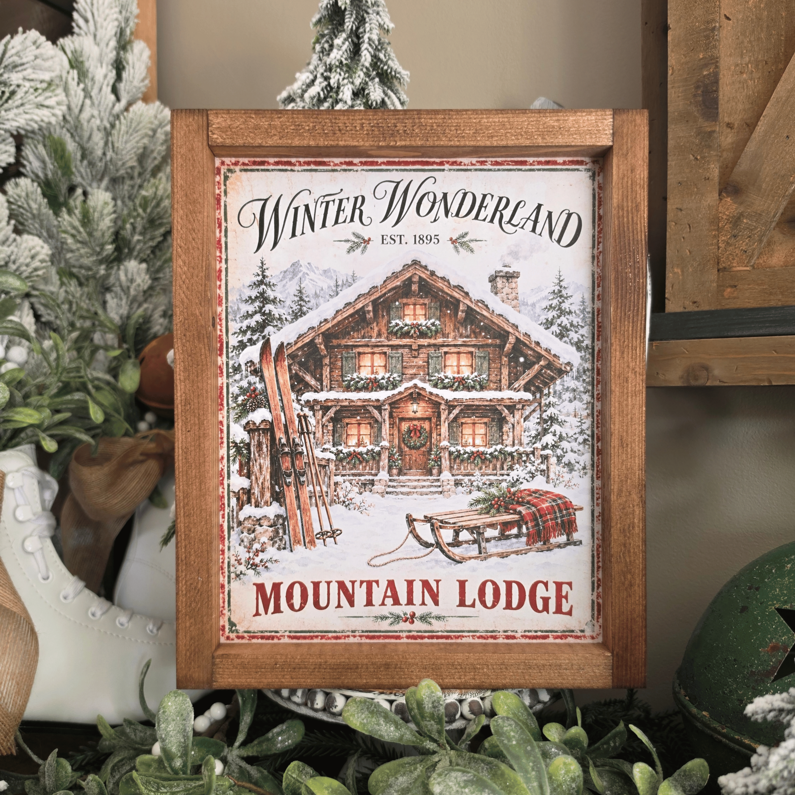 Cadre farmhouse Winter Wonderland avec chalet enneigé, skis et luge