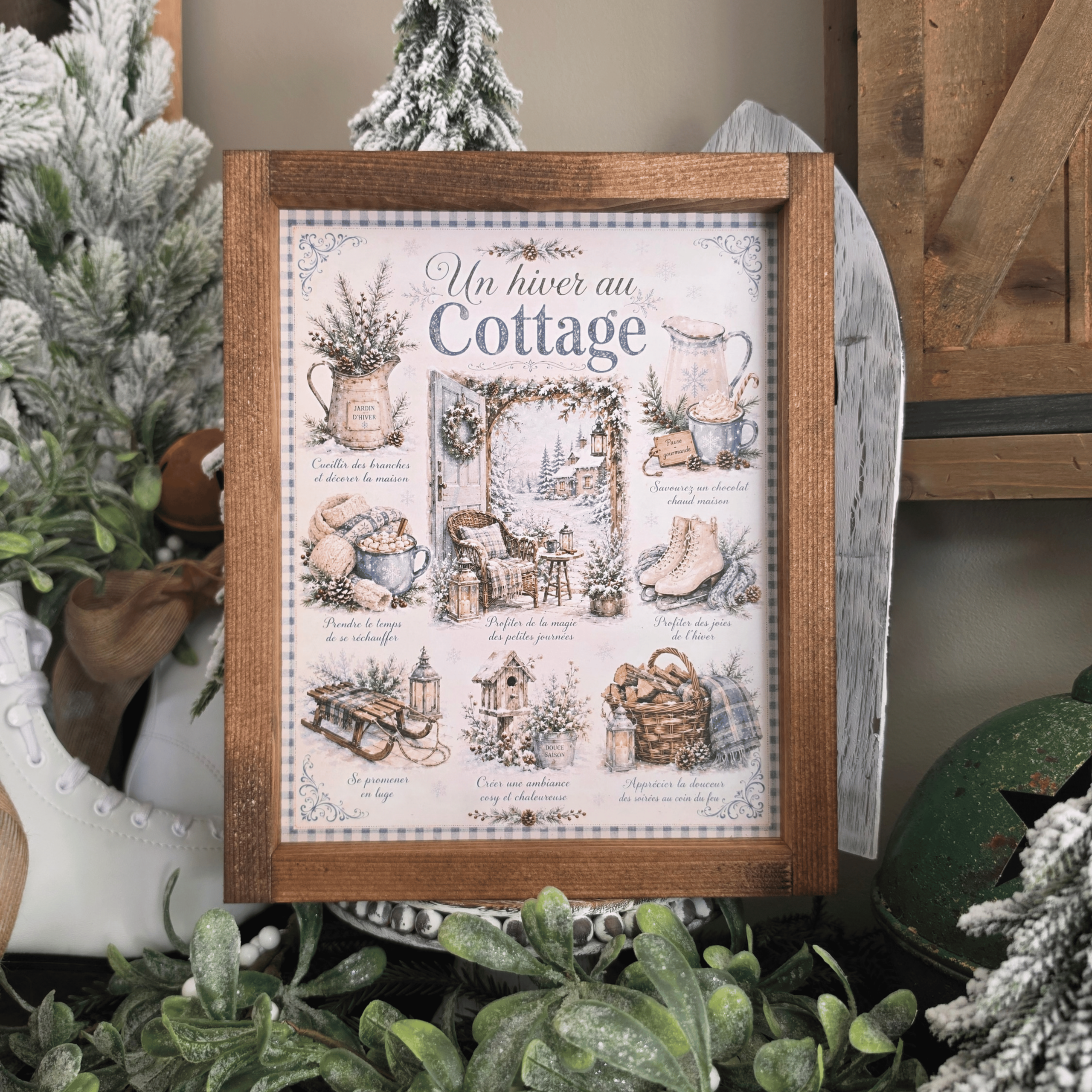 Cadre farmhouse Un Hiver au Cottage avec neige, chocolat chaud et patins