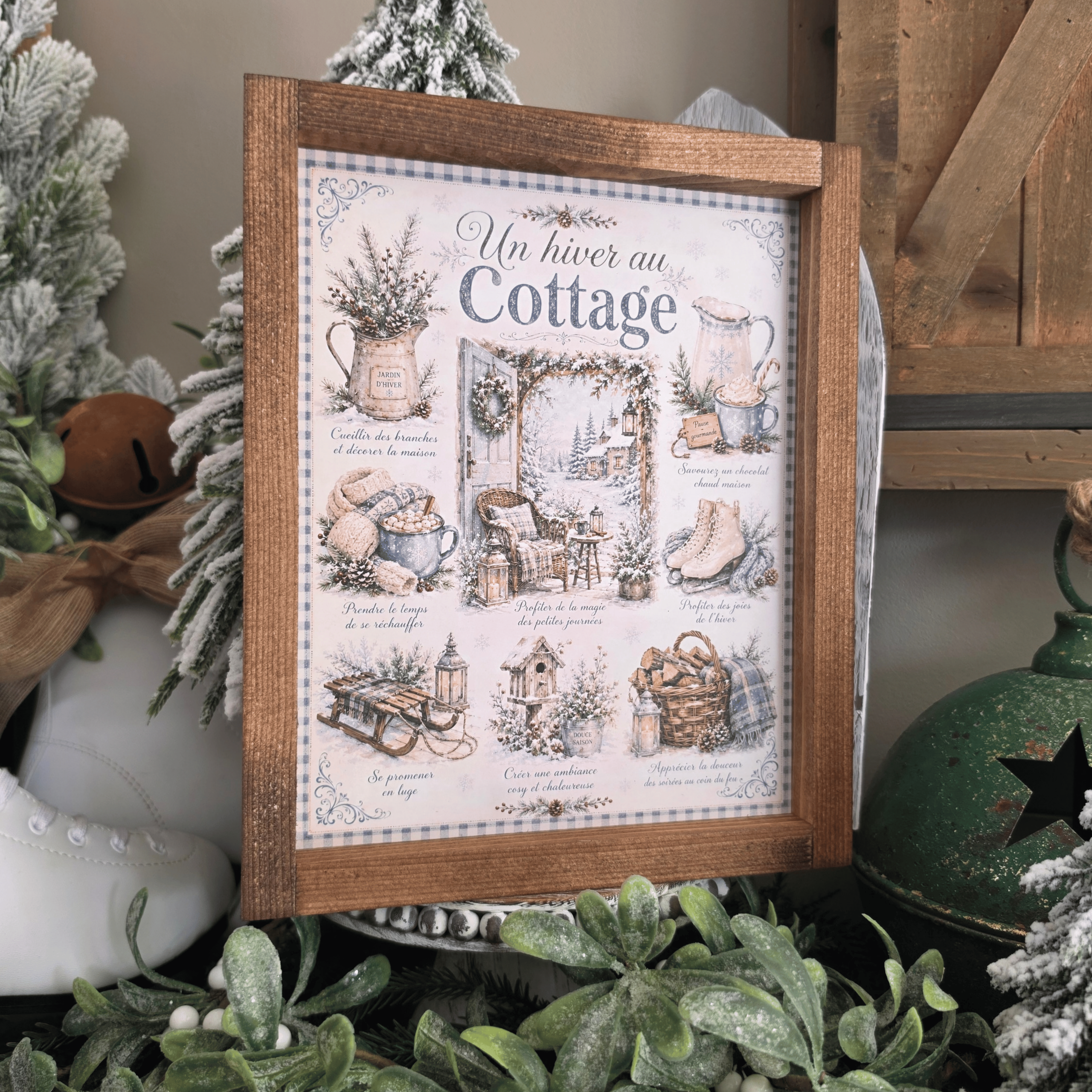 Cadre farmhouse Un Hiver au Cottage avec neige, chocolat chaud et patins