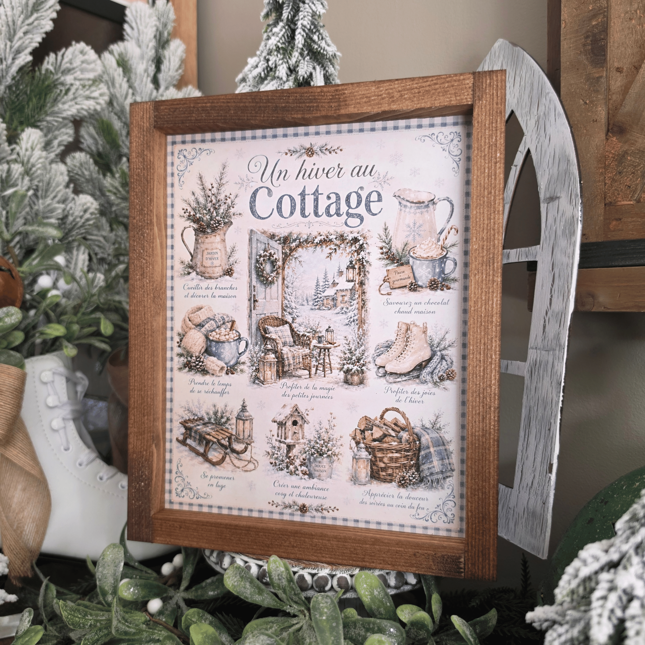Cadre farmhouse Un Hiver au Cottage avec neige, chocolat chaud et patins