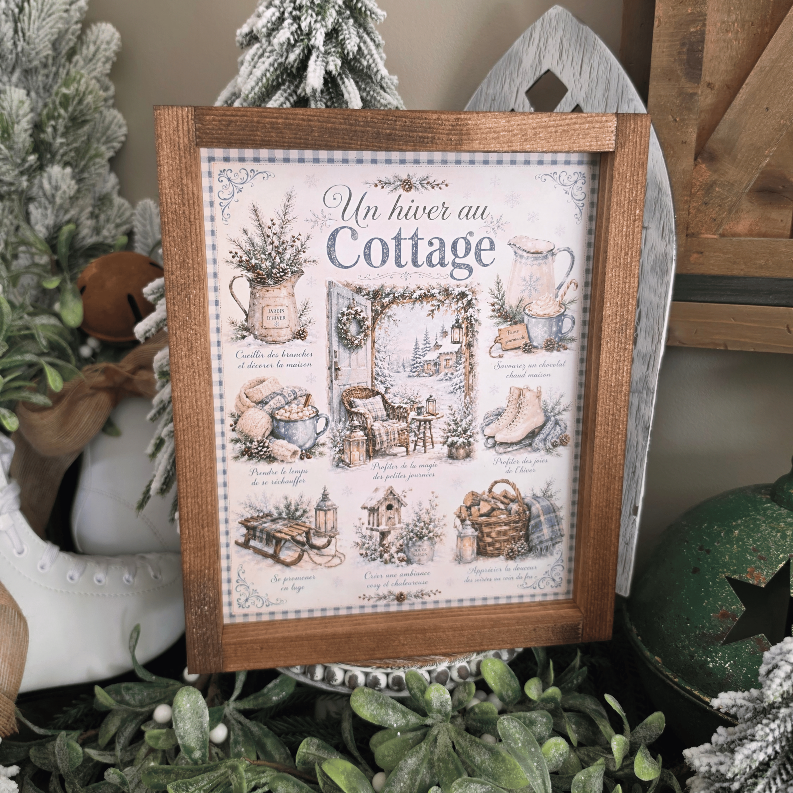 Cadre farmhouse Un Hiver au Cottage avec neige, chocolat chaud et patins