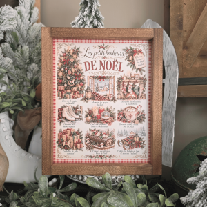Cadre farmhouse Les Petits Bonheurs de Noël avec sapin et chocolat chaud