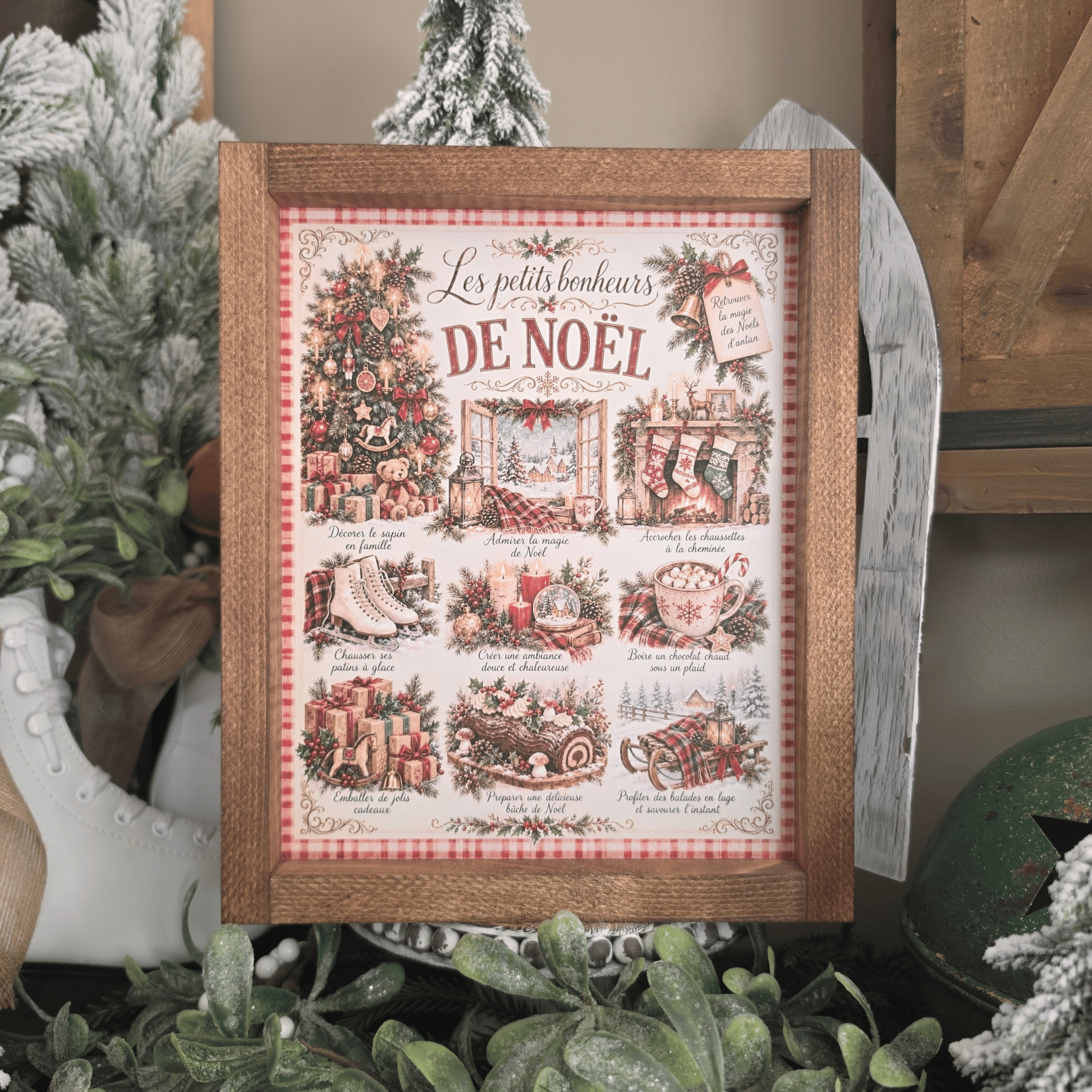 Cadre farmhouse Les Petits Bonheurs de Noël avec sapin et chocolat chaud