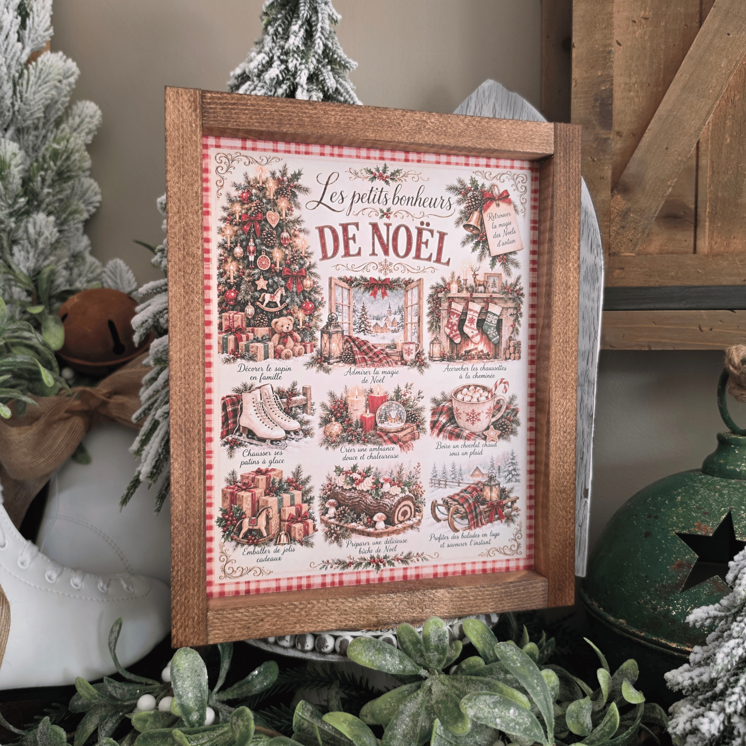 Cadre farmhouse Les Petits Bonheurs de Noël avec sapin et chocolat chaud