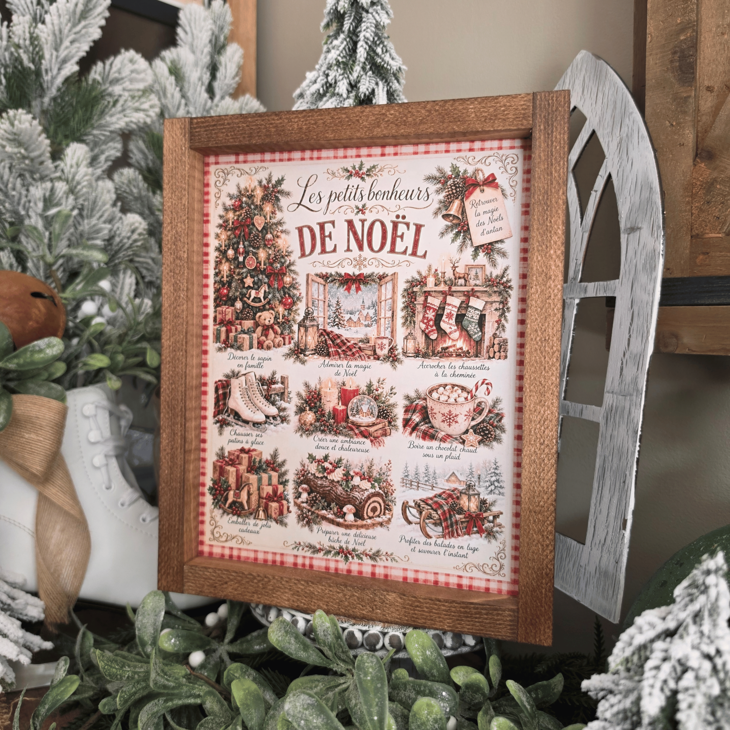 Cadre farmhouse Les Petits Bonheurs de Noël avec sapin et chocolat chaud