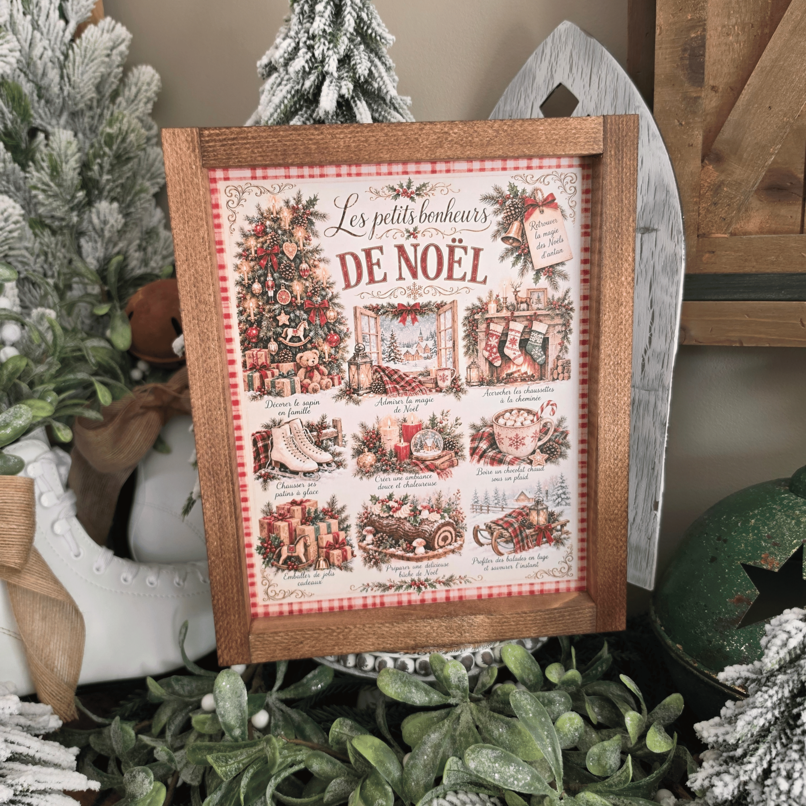 Cadre farmhouse Les Petits Bonheurs de Noël avec sapin et chocolat chaud