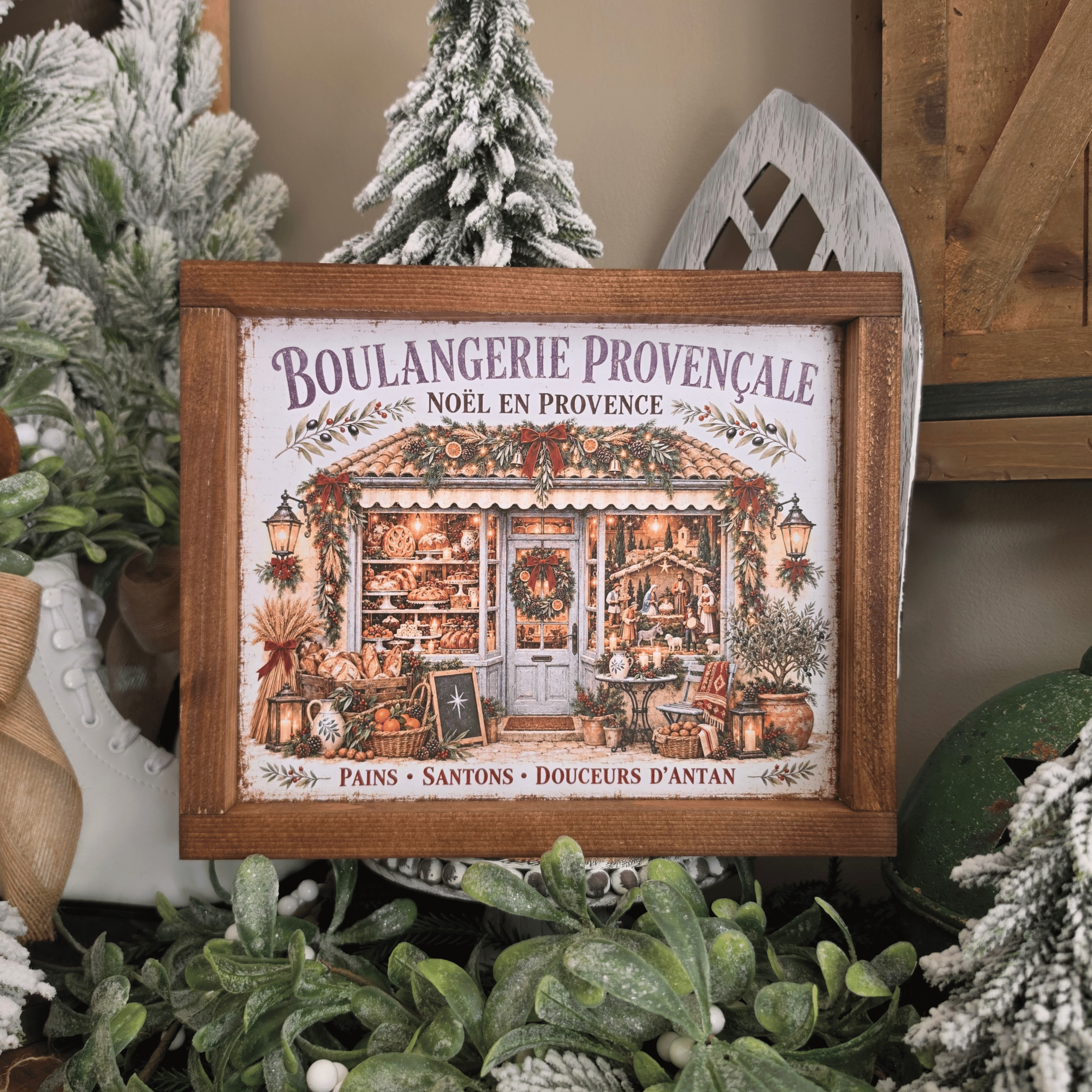 Cadre Noël Provence avec boulangerie provençale, pains et santons