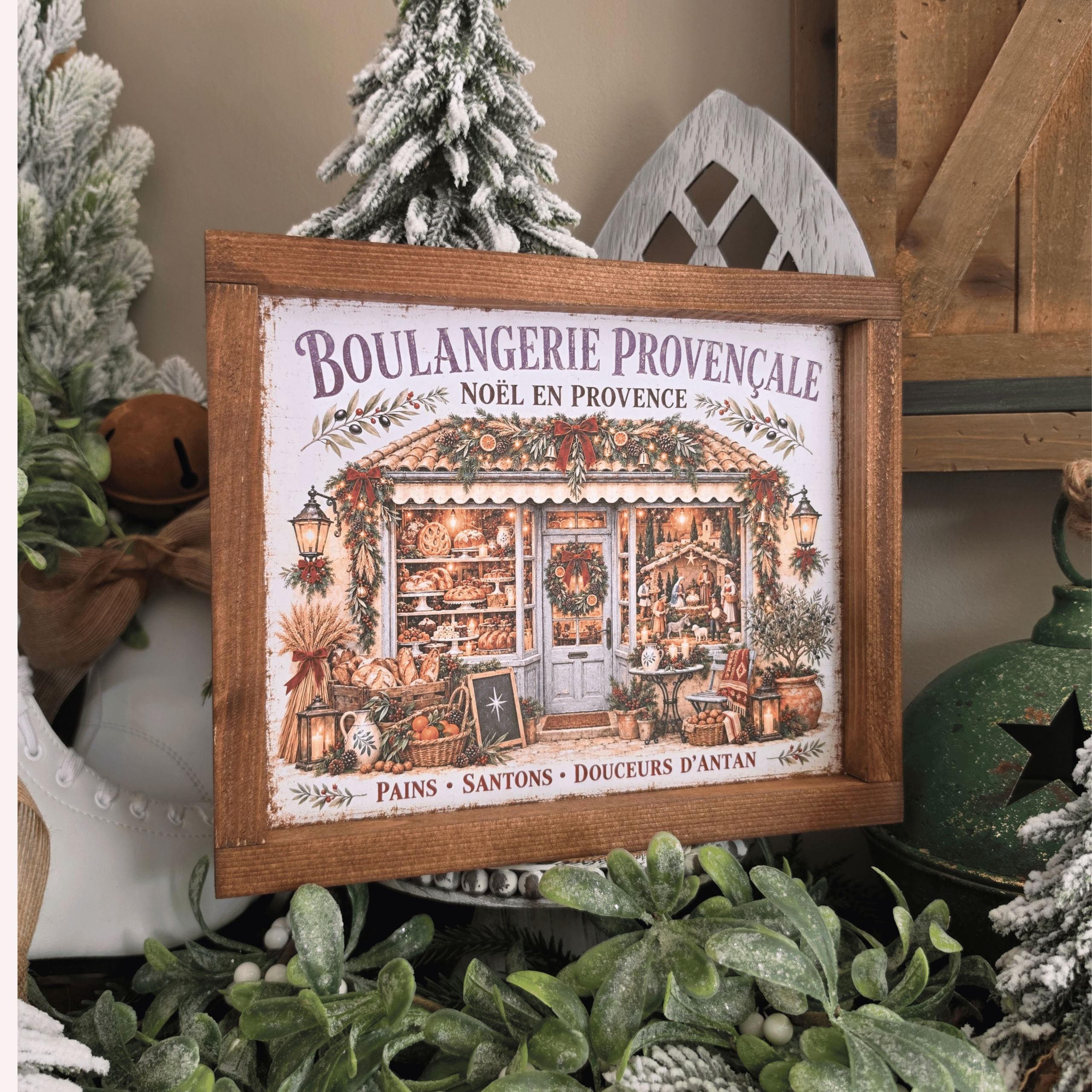 Cadre Noël Provence avec boulangerie provençale, pains et santons