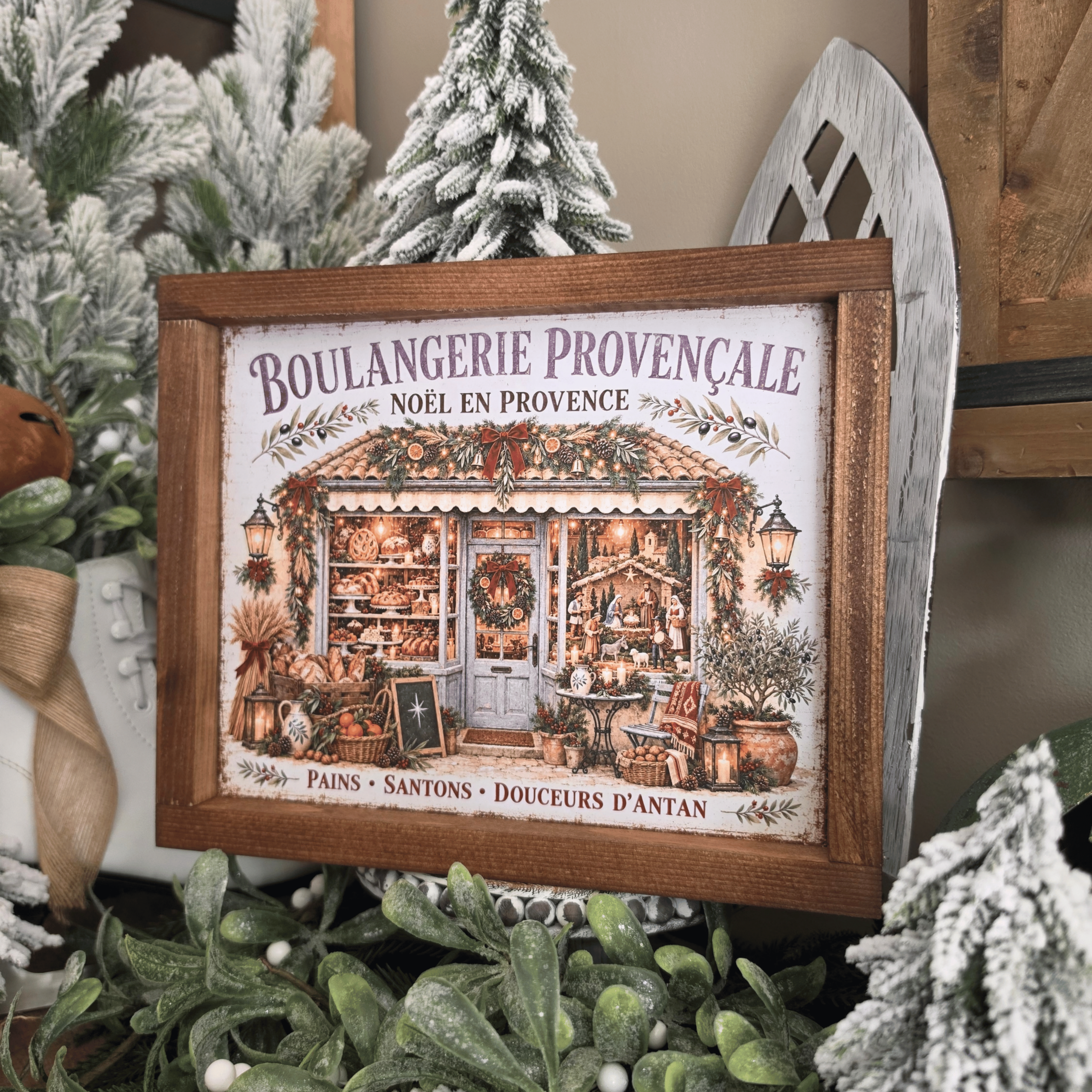 Cadre Noël Provence avec boulangerie provençale, pains et santons