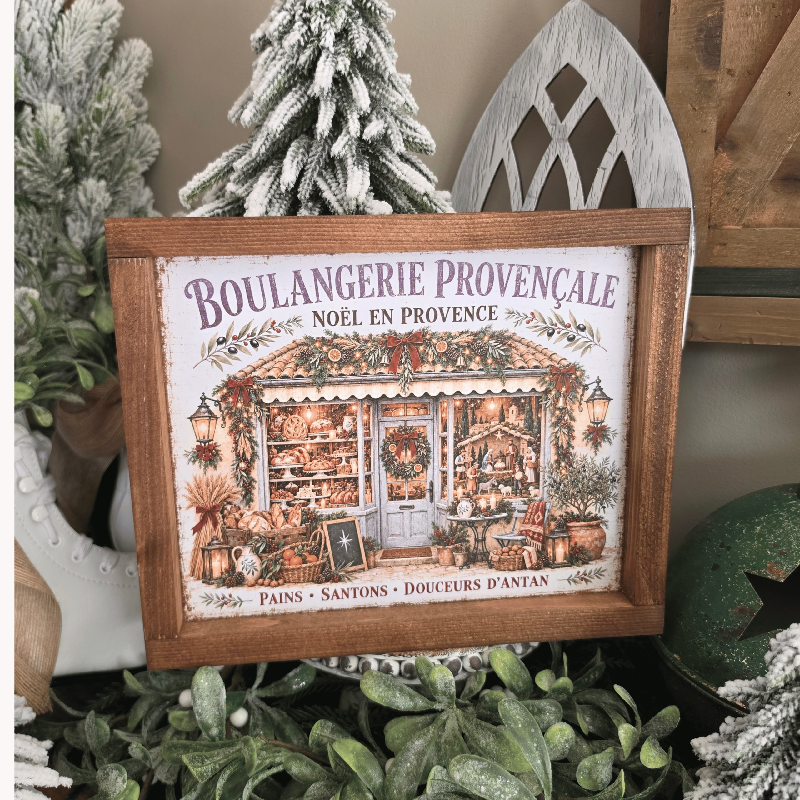 Cadre Noël Provence avec boulangerie provençale, pains et santons