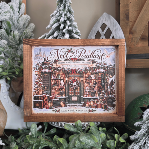 Cadre Poudlard à Noël avec boutique magique, chouettes et cadeaux