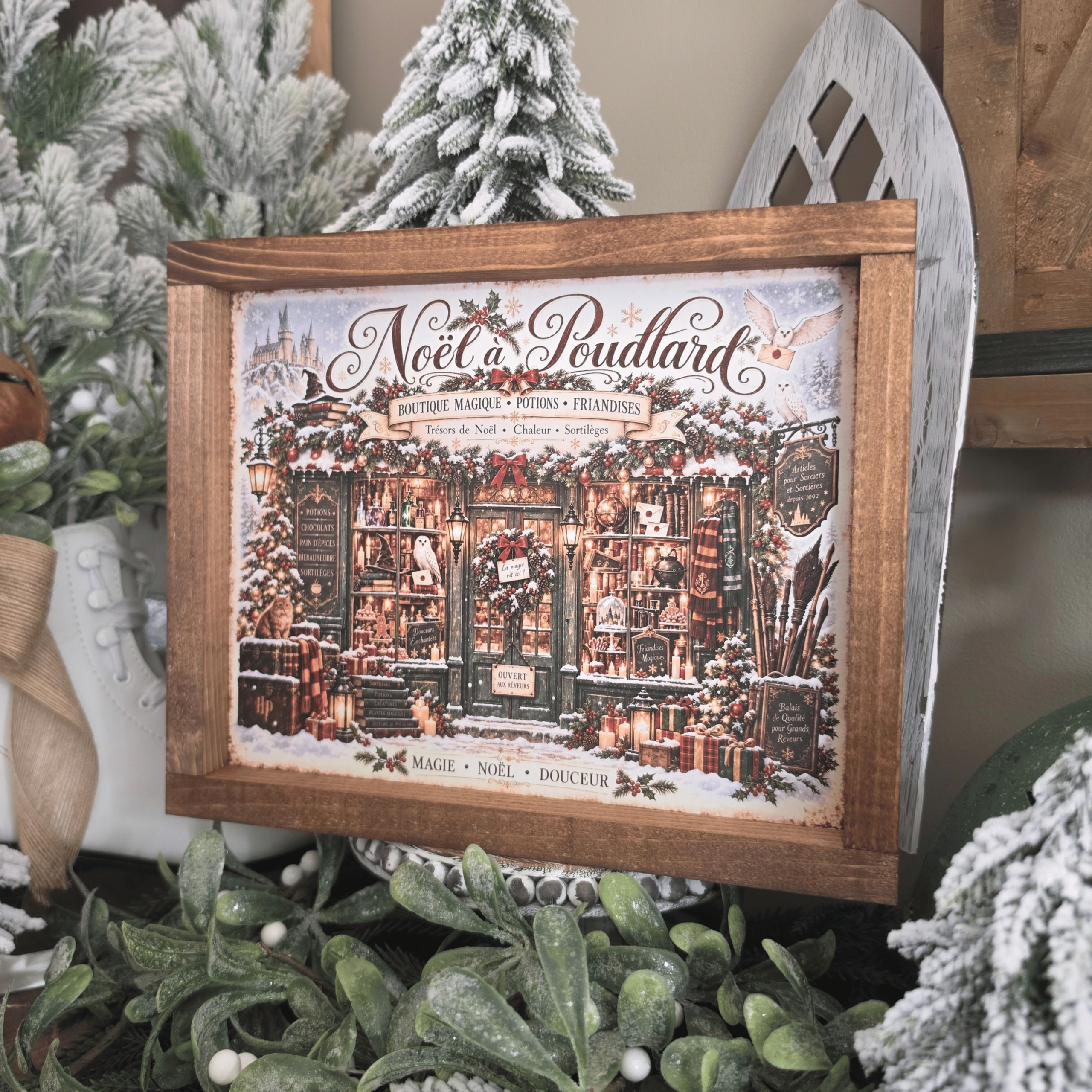 Cadre Poudlard à Noël avec boutique magique, chouettes et cadeaux