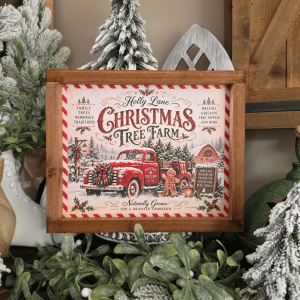 Cadre farmhouse Christmas Tree Farm avec pick-up rouge et sapins de Noël