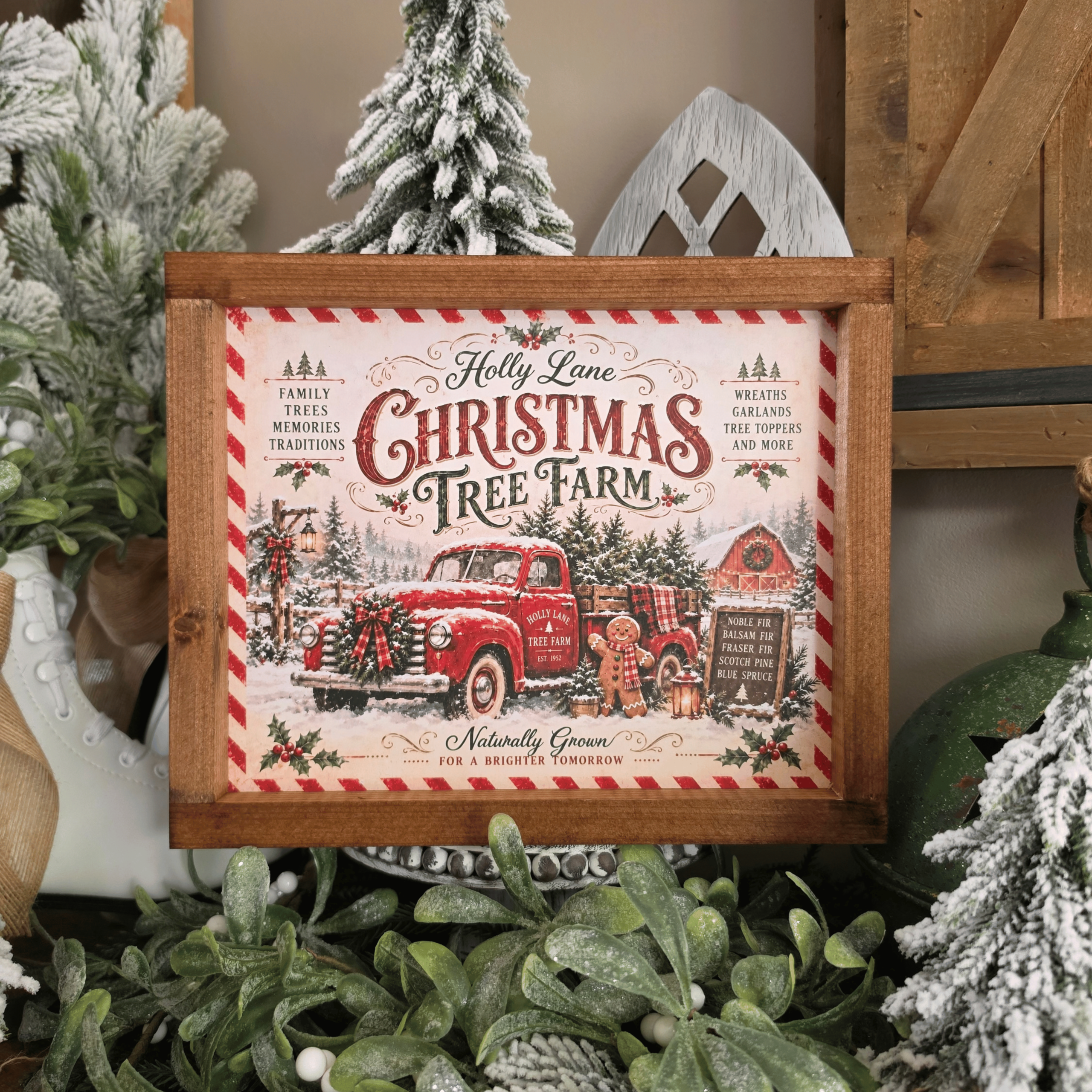 Cadre farmhouse Christmas Tree Farm avec pick-up rouge et sapins de Noël