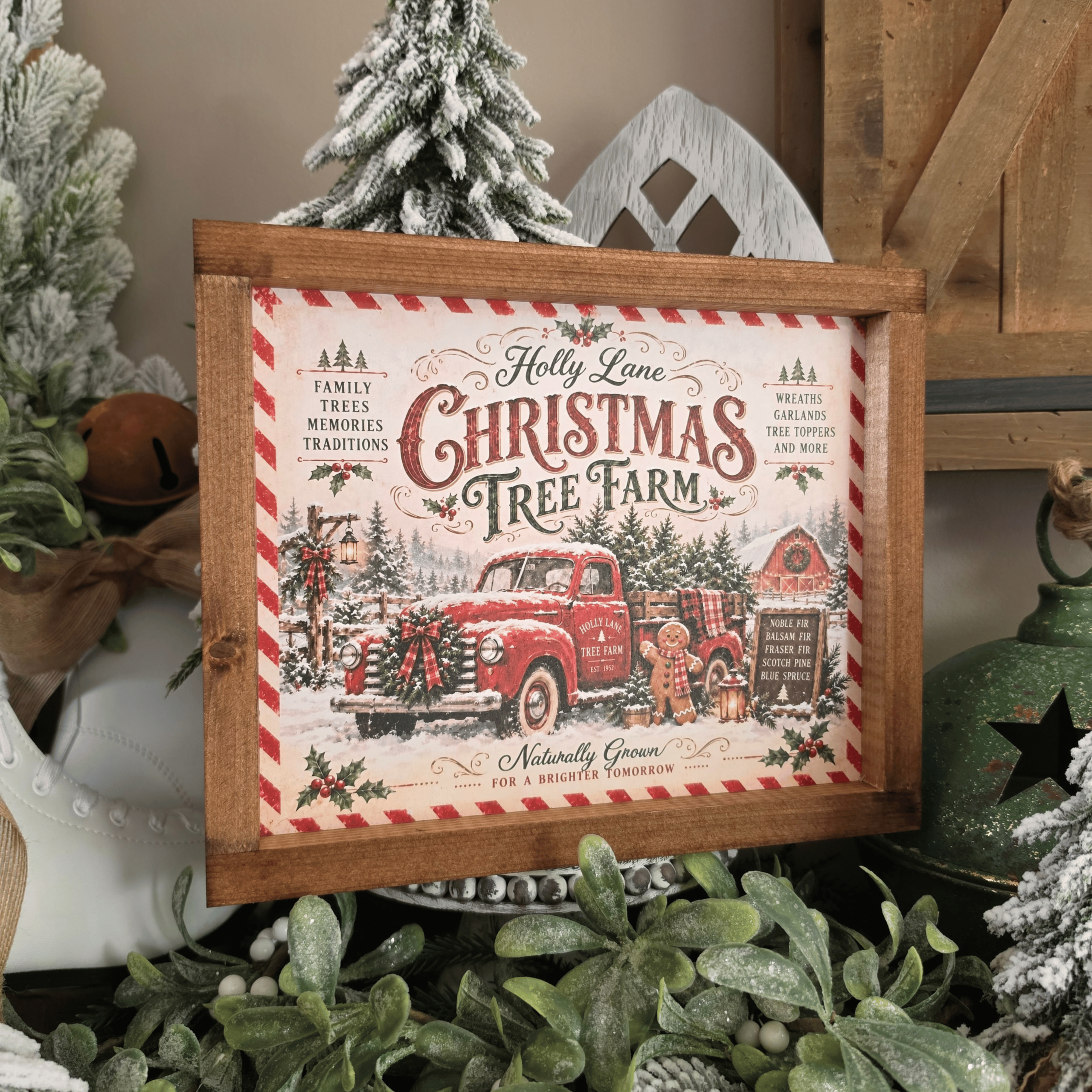 Cadre farmhouse Christmas Tree Farm avec pick-up rouge et sapins de Noël