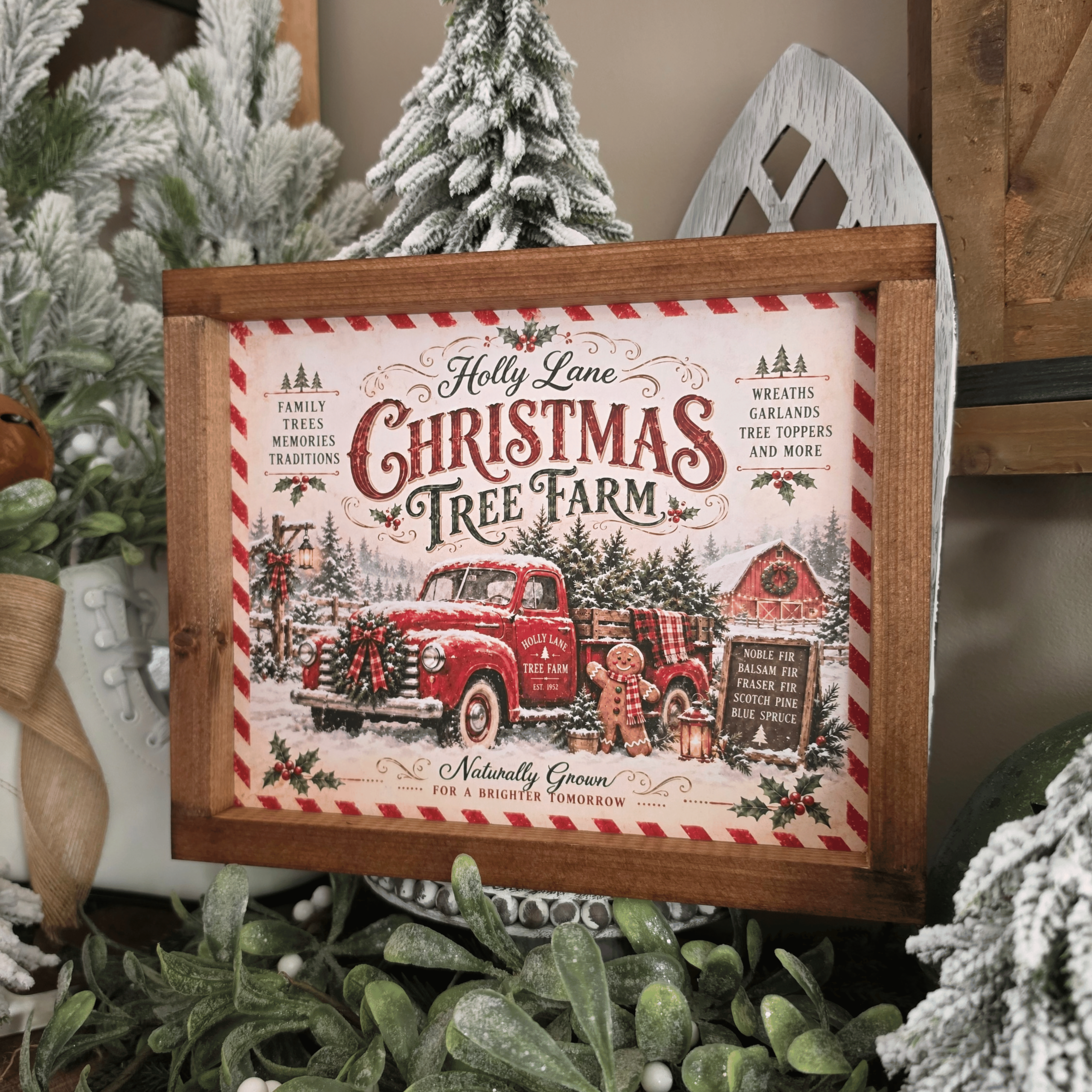 Cadre farmhouse Christmas Tree Farm avec pick-up rouge et sapins de Noël