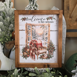 Cadre farmhouse Noël cosy avec fauteuil, plaid tartan et sapin