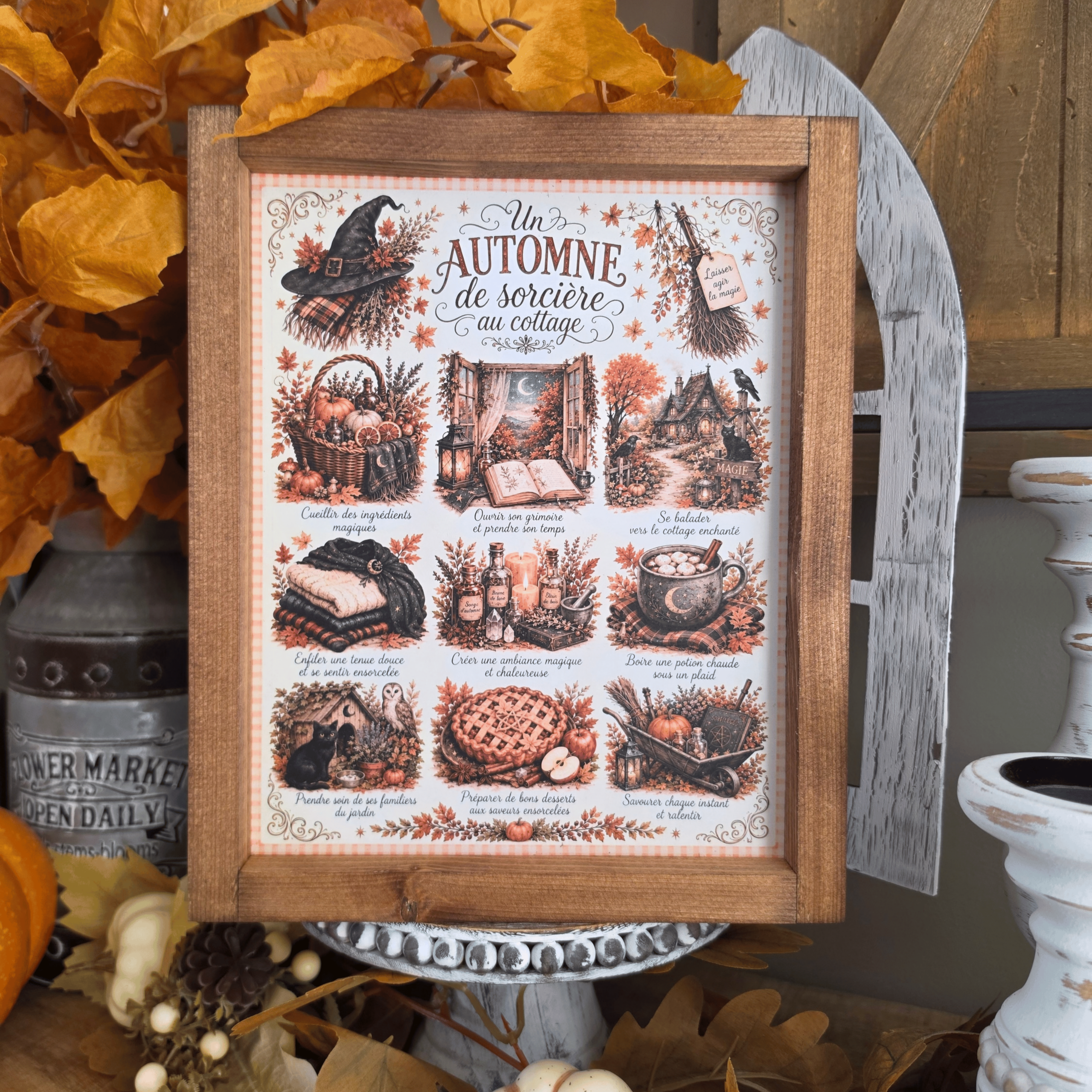 Cadre automne sorcière cottage avec citrouilles grimoire et potions