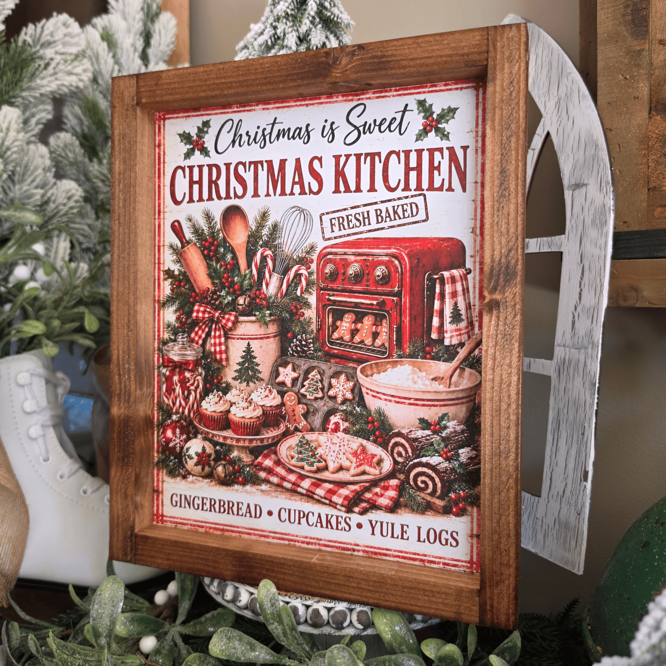 Cadre farmhouse Noël Christmas Kitchen avec biscuits cupcakes et pain d'épices