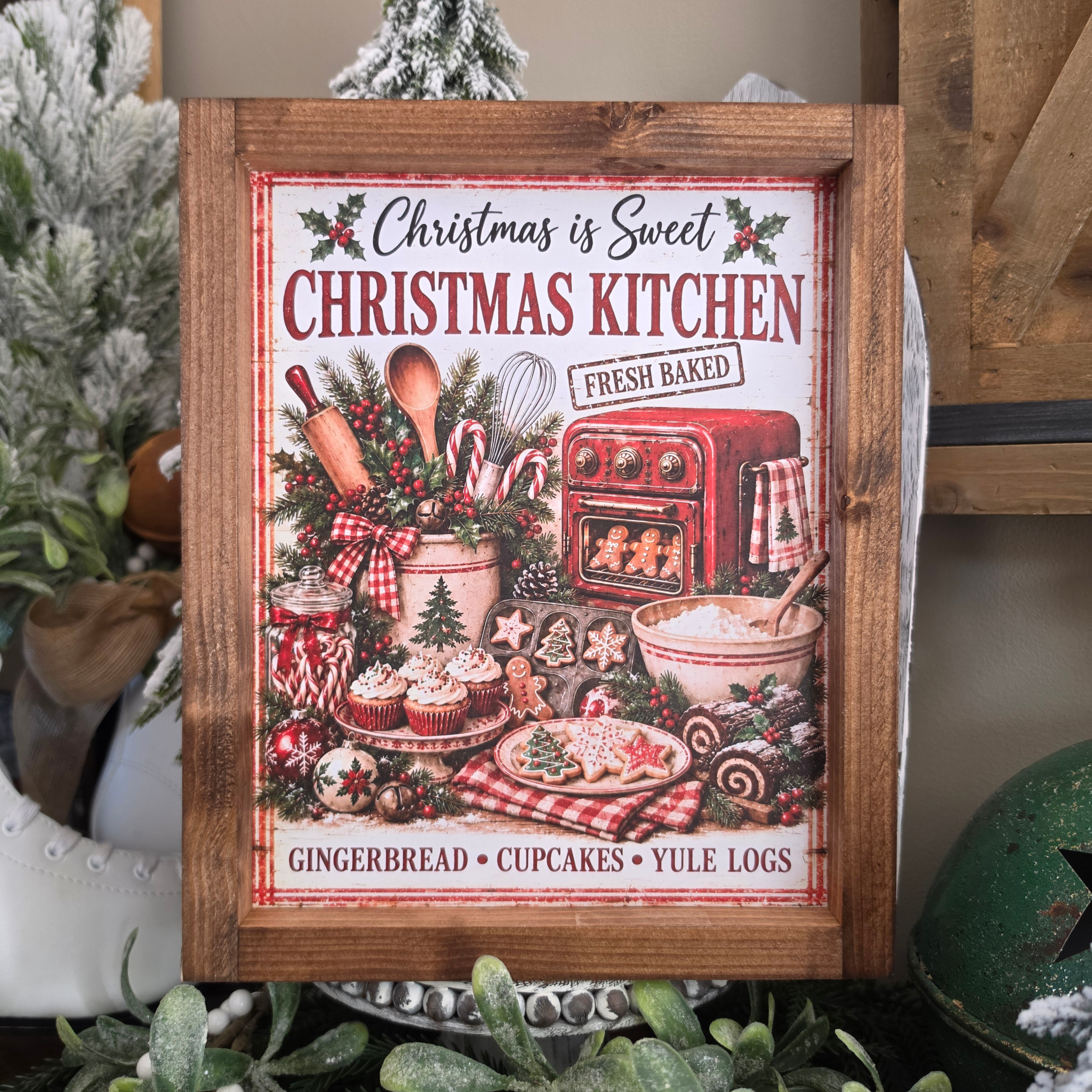 Cadre farmhouse Noël Christmas Kitchen avec biscuits cupcakes et pain d'épices